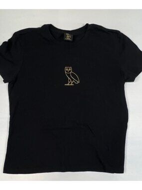 OVO Women’s M Baby Tee Black Gold Embroidered Owl Logo Made In Canada Y2K